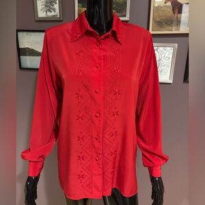 Vintage Yves St Clair Red Embroidered Button-Up Blouse